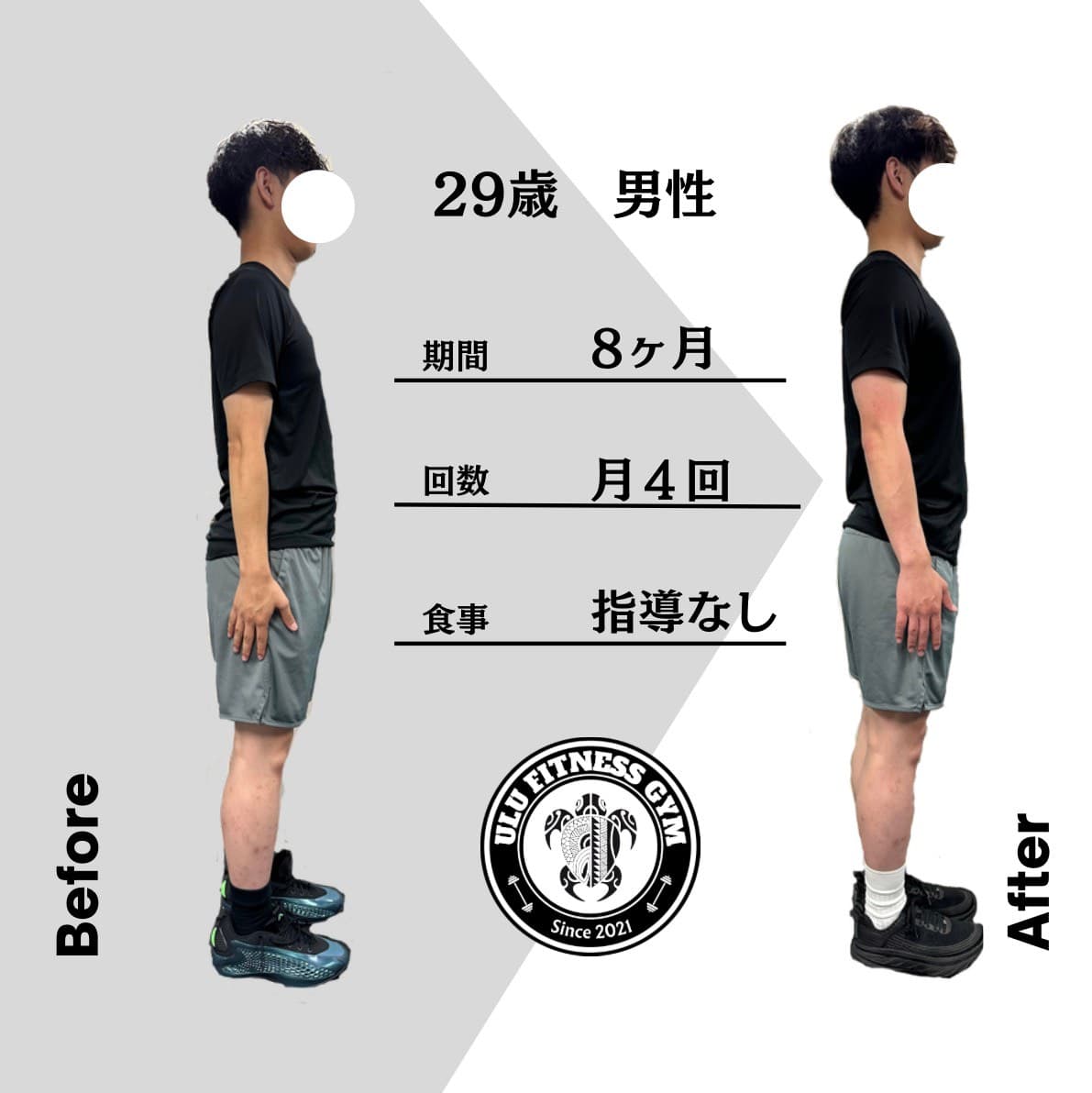 29歳男性 ビフォーアフター(8ヶ月・月4回・食事指導なし)